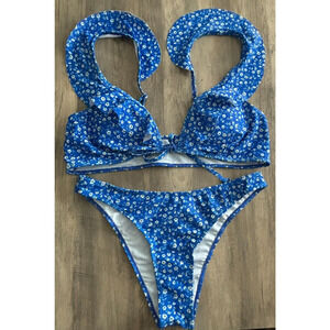 Women's Ruffled Straps Cheeky High Cut Bottom Blue White Flowers Bikini 2Pc Sz M